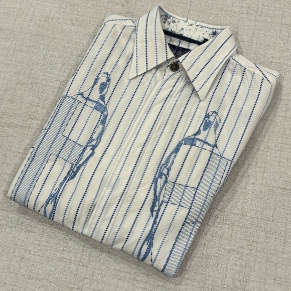 ENGLISH LAUNDRY long sleeve blue white stripe floral KNIGHTS SHIELD shirt. Large - Picture 15 of 16